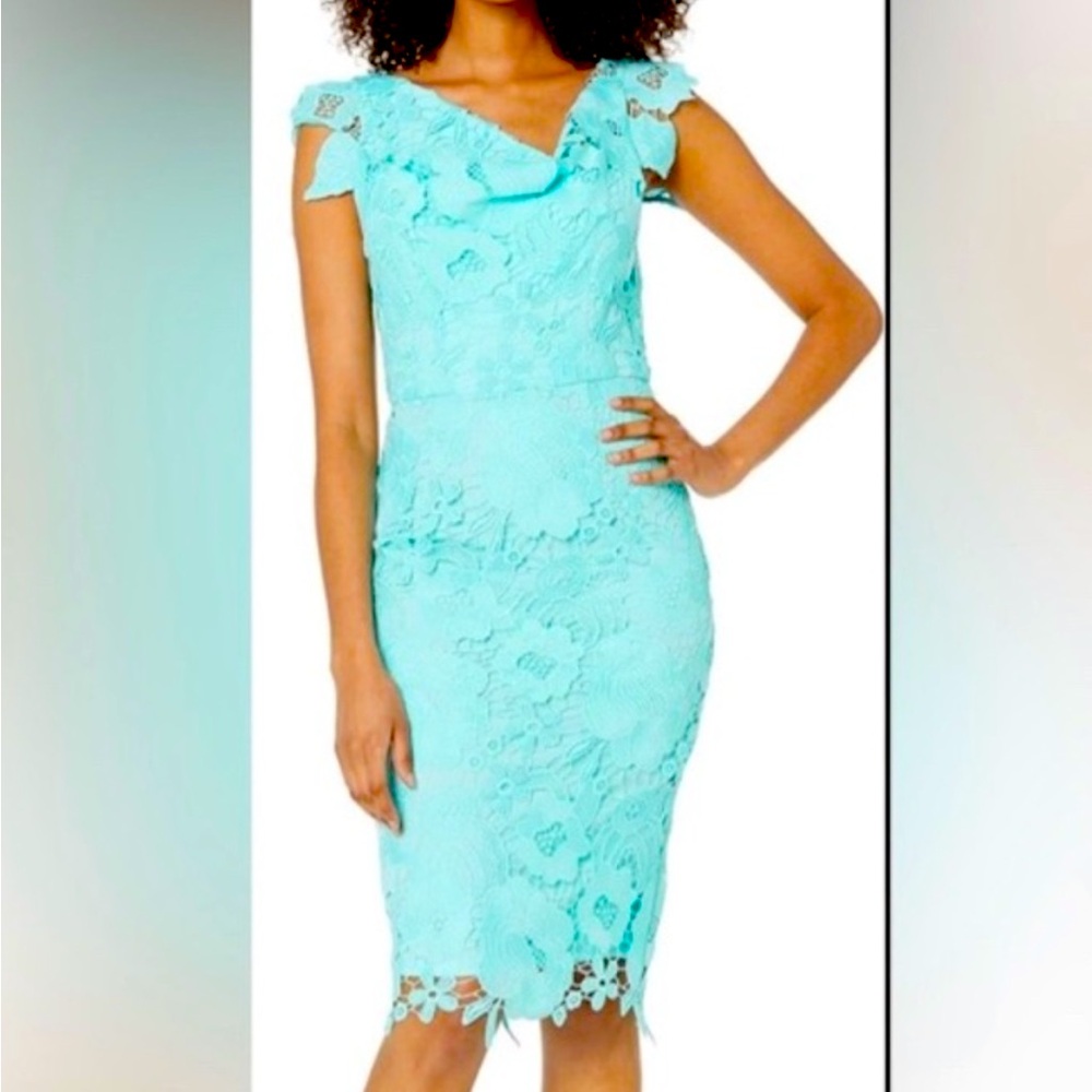 BLACK HALO Black Jackie O Lace Sheath Dress Color: Botanic Aqua 4